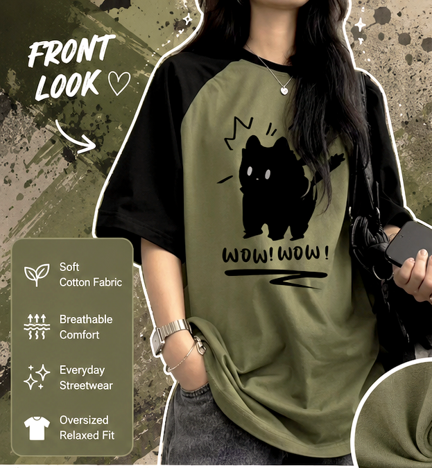Wow Cat Tshirt for Women ( Green)
