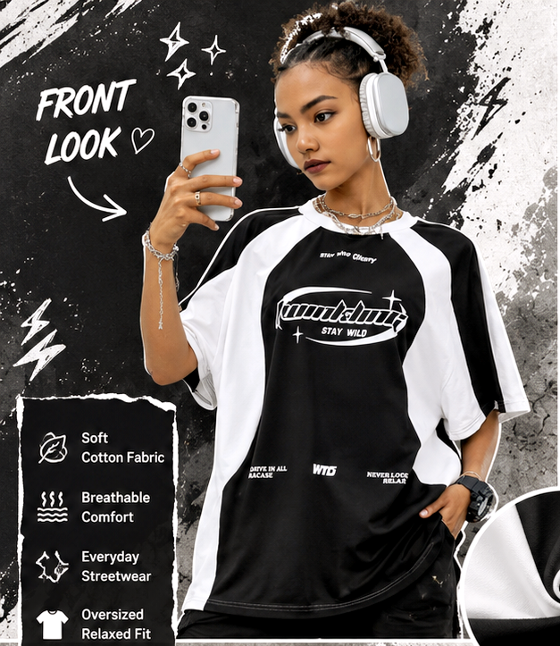 Y2K PRINT TSHIRT FOR GIRLS ( BLACK AND WHITE )
